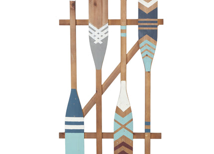 Deco 79 Wood Paddle Home Wall Decor Novelty Canoe Oar Wall Sculpture with Arrow and Stripe Patterns, Wall Art 21" x 2" x 36", Brown