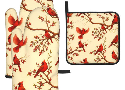 Red Cardinal Oven Mitts and Pot Holders Sets of 3, Non-Slip Christmas Heat Resistant Kitchen Gloves Hot Pad, Cardinal Gifts for Women, Rustic Christmas Kitchen Decor, Baking Cooking Grilling Gifts