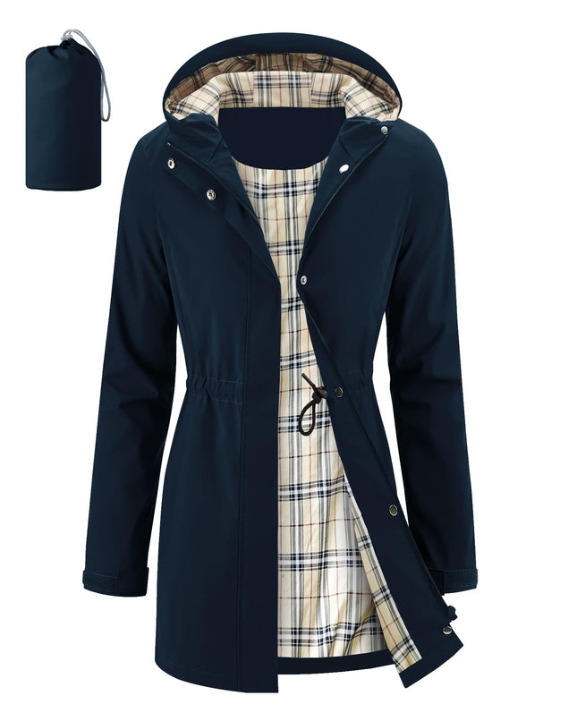 iCreek Women's Long Rain Jacket Waterproof Packable Hooded Windbreaker (Navy Blue, L)