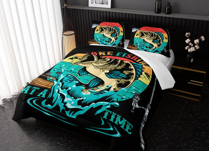 Nttopship Big Pike Fish Comforter Set,Bass Fishing Comforter Set for Boys Girls Children Fishing and Hunting Room Decor Twin Size with 2 Pillow Case