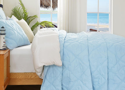 EVENHUG Coastal Quilt Set Twin Size Reversible Summer Ocean Beach Themed Bedding with Pillow Shams Lightweight Blue Nautical Coral Seahorse Bedspread Coverlet for All Season 2 Piece (68''x86'')