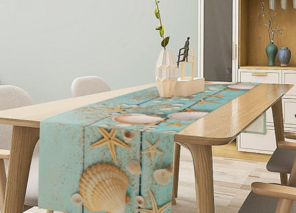 JanJCurt Starfish Seashell Table Runner, Summer Beach Nautical Coastal Rustic Farmhouse Wooden Plank Blue Ocean Table Runner for Dinning Holiday Party Indoor Outdoor Decor 13x36 Inch