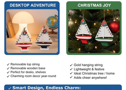 NAUTIMALL Wooden Sailboat Christmas Hanging Ornament, 5 Inch Tabletop Nautical Decor, Set of 3, Blue Green Red