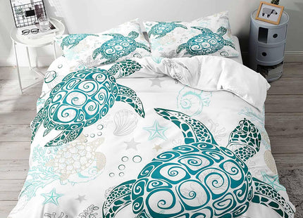 LUVIVIHOME 3PCS Teal Sea Turtle Duvet Cover King Bedding Set, Kids Bedding, Coastal Bedding, Starfish Seashell Conch Coral Seaweed Sea Ocean Beach Nautical White Comforter Quilt Cover, 2 Pillow Cases