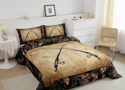 Erosebridal Rustic Fishing Toddler Comforter Set Gifts for Kids Boys Men Women,Retro Camo Fishing Rod Bedding Set Country Farmhouse Lake Cabin Quilt Bedding Sets Tree Branch Camouflage Bed Set 2 Pcs