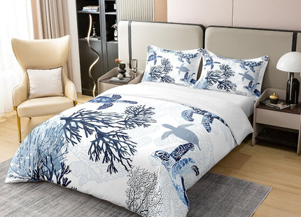 100% Cotton Turtle Duvet Cover - Twin, White Blue Sea Turtle Bedding Set for Kids, Nautical Coastal Tortoise Comforter, Ocean Beach Sea Animal Summer Quilt