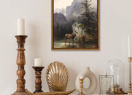 KBKBART Framed Mountain Deer Canvas Wall Art, Nature Landscape Paintings