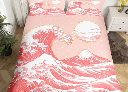 Feelyou Japanese Wave Bedding Set Full Size - Ocean Wave Comforter Cover Set for Kids, Boys, Girls, Teens - Ukiyoe Theme Home Decor Duvet Cover - Pink Japanese-Style Bedspread Cover