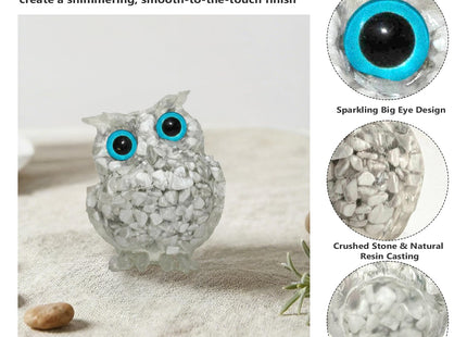 PinpinPony Owl Statue, Natural Gemstones Decor for Home Office, Shelf Display Figurine, Handcrafted Unique Owl Sculpture(White)