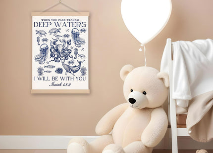 DNEULYR Marine Life Christian Canvas Wall Art, Isaiah 43:2 Bible Verse Wall Decor, Ocean Room Decor, Coastal Nautical Religious Prints Poster for Kids Bedroom Nursery Home, 12x16 Inches