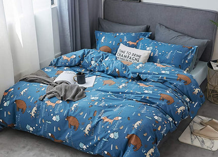 Houseri Blue Bear Animal Print Duvet Cover Set Queen Full - 3 Pcs (Duvet Cover, 2 Pillowcases) - Modern Rustic, Unisex - Cotton, 200 Thread Count - Machine Washable