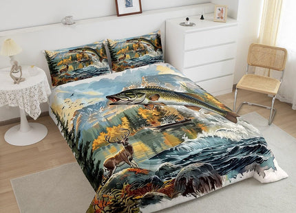 Erosebridal Bass Fishing Full Comforter Set,Hunting Deer Bedding Sets for Kids Boys Girls,Big Pike Fish Quilt Bed Set,Rustic Mountain Lake House Bedroom Decor,2 Pillowcases Lightweight