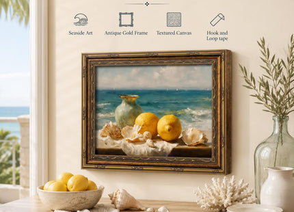 Vintage Gold Framed Lemon Seashell Coastal Canvas Wall Art 12x16 In