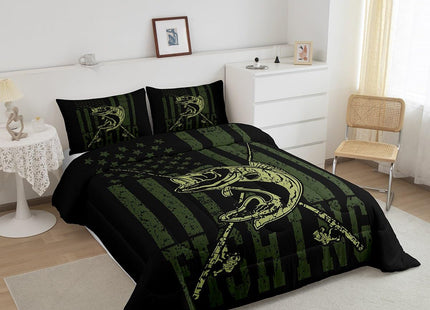Camo American Flag Comforter Set Trout Hunting Bedding Sets Fishing Rod Camouflage Down Comforter for Kids Boys Men Room Decor Army Military Camo Duvet Sets with 2 Pillow Cases Full Size