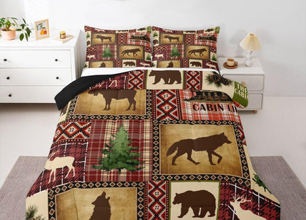 Erosebridal Rustic Southwestern Bedding Sets Twin Buffalo Plaid Aztec Comforter Set Woodland Bear Deer Moose Wolf Comforter for Adults Men Boys Retro Western Farmhouse Hunting Quilt Duvet 2 Pcs