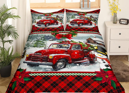 Homewish Christmas Truck Bedding Set King Size Kids Girls Boys Red Plaid Decor Pine Tree Duvet Cover Set 3pcs Winter Snow View Comforter Cover Happy New Year Gifts Quilt Cover with 2 Pillowcases