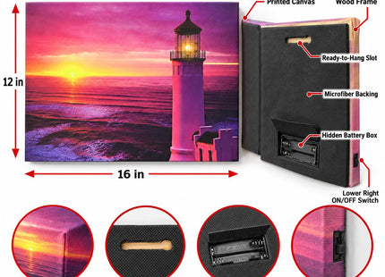 BANBERRY DESIGNS Lighted Lighthouse Canvas Wall Art with LED Lights – Nautical Beach Sunset Ocean Decor – Coastal Lighthouse Picture for Living Room, Bedroom & Bathroom – 16” x 12” – Battery Operated
