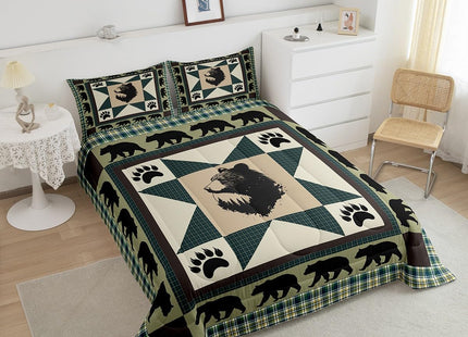 Erosebridal Black Bear Comforter Set Western Bedding Set Twin Patchwork Geometric Triangle Lattice Quilt Woodland Wildlife Bear Paw Print Duvet Insert,Green Checkered Buffalo Plaid Decor