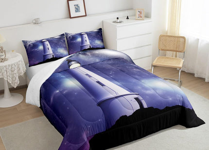 Erosebridal Lighthouse Bedding Set Twin, Nautical Comforter Set for Boys Girls Teens Adult, Purple Galaxy Stars Down Comforter Trippy Starry Sky Duvet Insert, Ocean Theme Quilted Comforter, 2Pcs