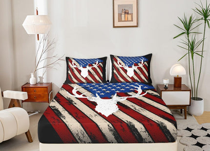 American Flag Retro Sheet Full Size,Deer Antlers Animal Bedding Set,Boys Adults Xmas/Bedroom Decor,Red Blue Stars Striped Rustic Hunting Farmhouse Bed Sheet Set 4pcs(Fitted + Flat + 2 Pillowcases)