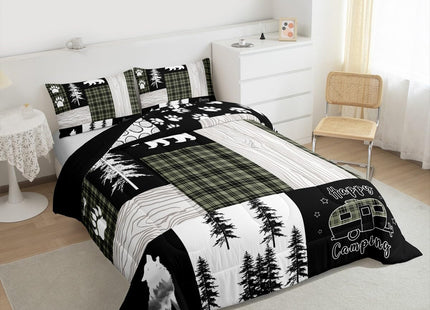 Woodland Bedding Set Hunting Bear Wolf Green Buffalo Plaid Patchwork Comforter Set King Rustic Cabin Decor,Girls Boys Wildlife Animals Down Comforter for RV Camper,Footprint Pine Tree Duvet Insert