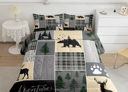 Christmas Farmhouse Cabin Comforter Set, Rustic Bear Deer Bedding Set Full Size Woodland Country Patchwork Quilt for Kids Teens Women, Grid Claw Wildlife Duvet Sets,2 Pillow Cases, Grey Green