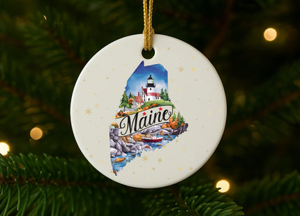 USA State Landmark Ceramic Ornament – Round Glossy Christmas Decoration Featuring U.S. State Art, Landmarks & Holiday Scenery – Collectible Travel Souvenir Ornament Series (Maine)