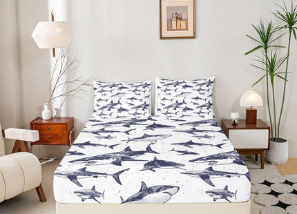 Erosebridal Shark Fitted Sheet Deep Pocket Full Size Ocean Life Bedding Set for Kids Boys Girls Children Underwater Word Sheet Set Sea Animal Bed Cover Grey and White Home Decoration(No Top Sheet)