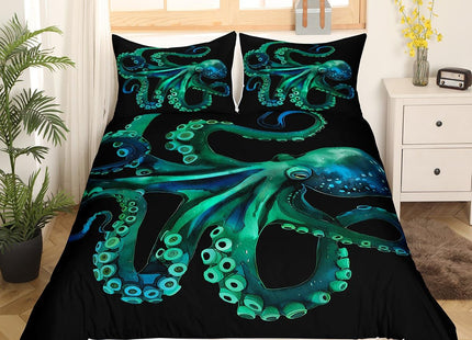 Erosebridal Octopus Bedding Set Sealife Duvet Cover Ocean Animal Comforter Cover for Kids Teens Adult,Decoration 3 Pcs Bedding Set (1 Duvet Cover 2 Pillowcases) Full Size,Black Green