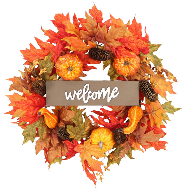 20 Inch Fall Wreath for Front Door, Fall Decor Autumn Maple Leaves Pumpkin Pine Cone Berries Wreath, Fall Decorations for Harvest Thanksgiving Halloween Farmhouse Home Outside Window Wall
