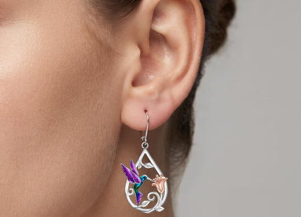 Hummingbird Earrings for Women Sterling Silver Purple Hummingbird Dangle Earrings Sterling Silver Memorial Cute Bird Flower Jewelry Mothers Day Gifts