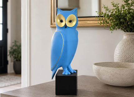 Lodkksg Blue Resin Owl Statue – Mid-Century Modern Owl Sculpture – Retro Owl Art Piece – Freestanding Modern Abstract Home Decor for Living Room, Bookshelf, and Mantel – 15.7-Inch Resin Owl Sculpture