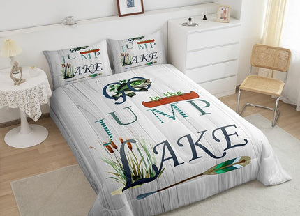 Castle Fairy Lake Paddle Comforter Set Twin Size,Rustic Lakeside Cabin Decor Bedding Set for Kids Boys Men,Fish Country Farm Wooden Board Quilted Duvet Set with 1 Pillowcase