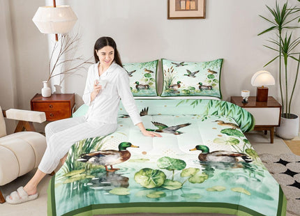 Feelyou Cute Mallard Duck Bedding Set Soft for Boys Girls, Wild Duck Hunting Comforter Set Twin Size Hunting and Fishing Duvet Quilt 3D Wild Animal Bedroom Decor Bright Green 2 Pcs with 1 Pillow Cases