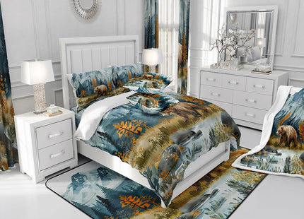 Bear Duvet Cover Set Twin Size,Hunting Animal Bedding Set Kids Boys Girls Room Decor,Tree Woodland Mountain River Bedspreads Cover 2Pcs,Nature Retro Rustic Comforter Cover,1 Pillowcase(NO Comforter)