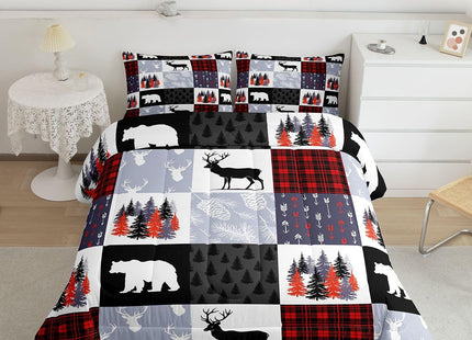 Teens Hunting Moose Deer Comforter Set,Christmas Bear Trees Vines Patchwork