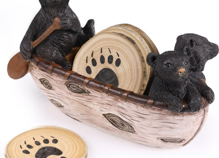 Briwooody 4 Pcs Black Bear Coaster Set with Canoe Holder, Wood for Home