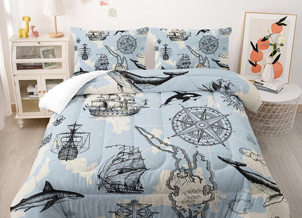 Retro Ocean World Map Comforter Set Queen, Pirate Ship Anchor Compass