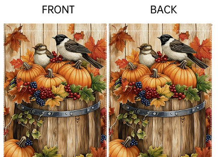 Fall Chickadee Garden Flag, Autumn Pumpkin Harvest Wooden Barrel Outdoor for Decor, Double Sided Burlap Maple Leaf Farmhouse Home Decor Yard Party Thanksgiving Decoration 12x18 Inch