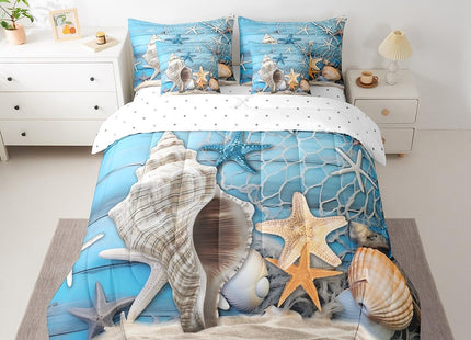 Erosebridal Summer Beach Theme Bed in a Bag 7 Pieces Starfish Conch Seashell Bedding Set, Ocean Animal Queen Size Comforter Set Fishing Theme Bedding Comforter Sets, Blue Old Barn Door Bed Set