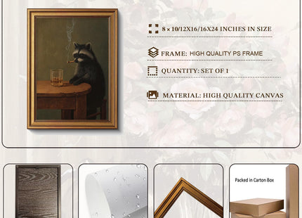 Vintage Gold Framed Raccoon Wall Art Moody Raccoon Canvas Prints