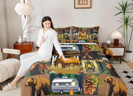 Bear Deer Moose Comforter Set Twin Rustic Farmhouse Camping Bedding Set For Adults Men Retro Camper Car Quilt Duvet For Cabin Lodge,Summer Camp House Pine Tree Woodland Animal Arrow Comforter 2 Pcs