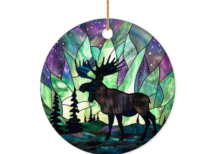 HYPESTYLE Northern Lights Christmas Moose Ornament, Holiday Present Idea, Heirloom Keepsake, Round Ceramic Ornament for Tree, Winter Reindeer Decoration
