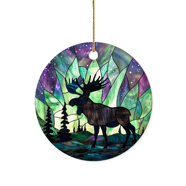 HYPESTYLE Northern Lights Christmas Moose Ornament, Holiday Present Idea, Heirloom Keepsake, Round Ceramic Ornament for Tree, Winter Reindeer Decoration