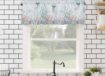 SODIKA Kitchen Curtain Valance for Windows Nautical Theme Seashell Starfish Coral Ocean Blue 1 Panel, 54 x 18 Inch Rod Pocket Valance Window Treatments Short Curtains for Bathroom Bedroom