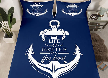 Castle Fairy Nautical Anchor Bed Sheet Set King Size,Boat Life Themed Art Anchor Print Deep Pocket Fitted Sheet,1 Flat,2 Pillowcases,Blue Ocean Themed Navy Bed Mattress Cover, Bedroom Decor
