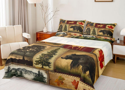 Rustic Farmhouse Bed Sheets Set Full Size, Retro Cabin Lodge Sheets, Hunting Bear Deer Sheet Set, Country Maple Leaves Bedding Set, Rustic Woodland Pine Tree Flat Fitted Sheet, Red Brown, 4Pcs
