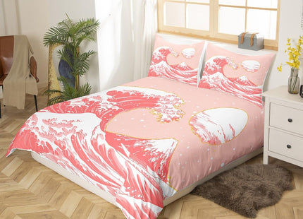 Feelyou Japanese Wave Bedding Set Full Size - Ocean Wave Comforter Cover Set for Kids, Boys, Girls, Teens - Ukiyoe Theme Home Decor Duvet Cover - Pink Japanese-Style Bedspread Cover