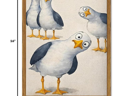 Framed Funny Seagull Bird Canvas Wall Art, Whimsical Nosy Coastal Birds Pictures Wall Decor, Cute Beach Animal Poster Prints Eclectic Home Decor for Living Room Bedroom Bathroom 12x16 inch