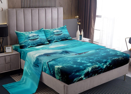 3D Shark Bed Sheets For Kids Boys Teens Marine Life Ocean Shark Sheet Set Sea Underwater Fitted Sheet Aquatic Animal Bedding Set, Nautical Flat Sheet Room Decor 4Pcs Sheets Full Size, Blue White